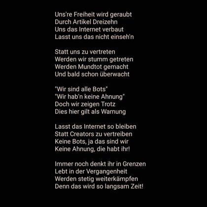 Gedicht als Protest gegen die geplante Uhrheberrechtsreform in Europa, "Artikel 13"